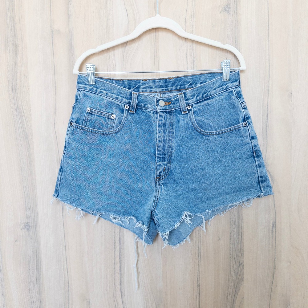 Womens Denim Shorts Size 32 Blue High Waisted Cut Off Raw Hem 90s Western Summer